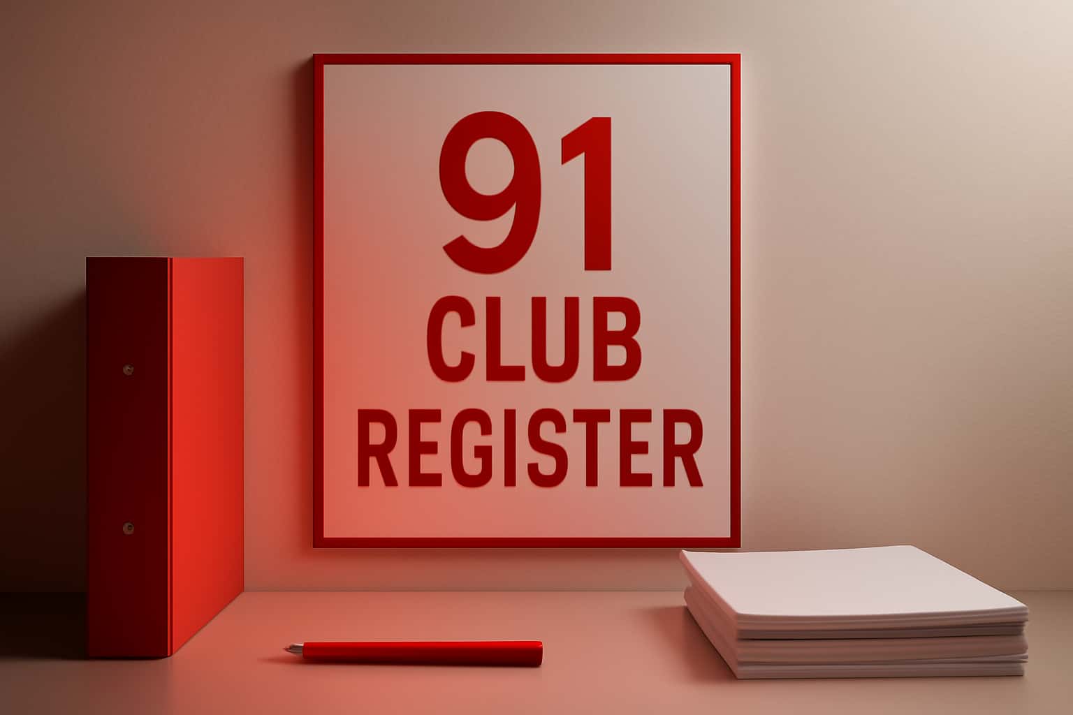 An informational scene showcasing the text '91 Club Register', designed with #ff0000 accents.