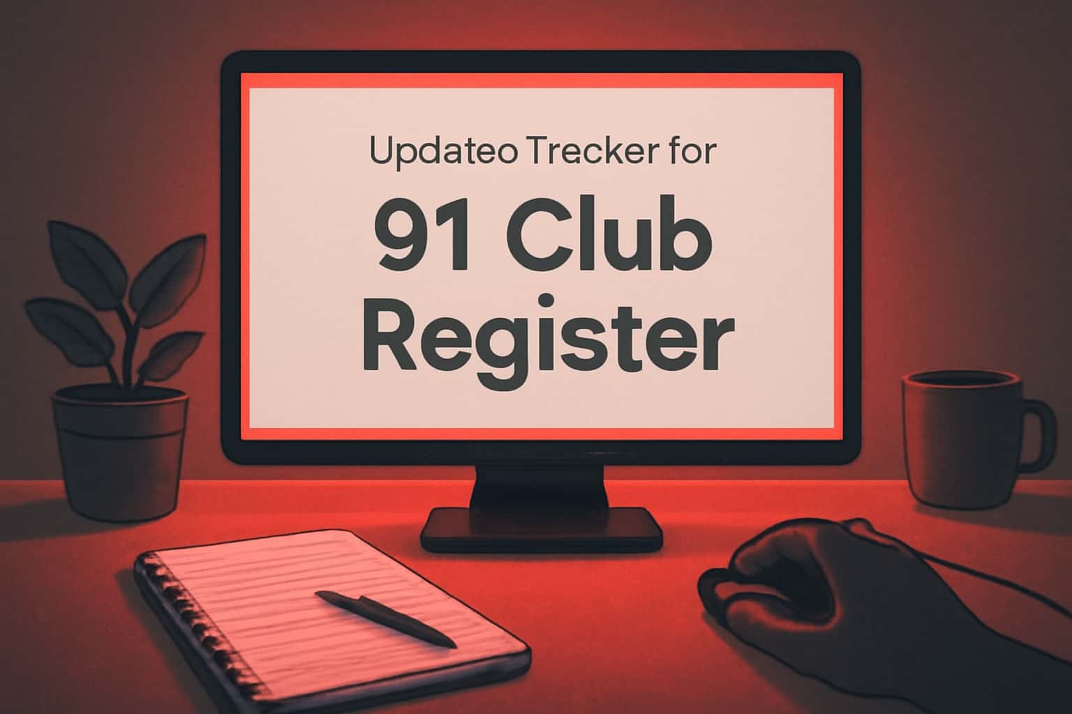 A futuristic dashboard displaying updates and status for 91 Club Register.